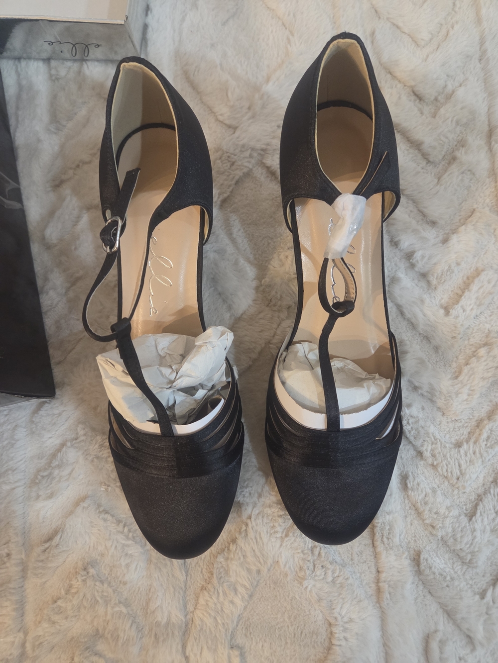 Women's Black T-Strap Satin Dress Heels
